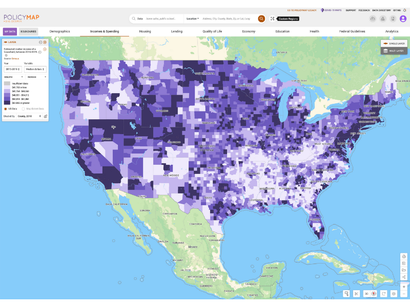 PolicyMap Platform with data layered across the United States