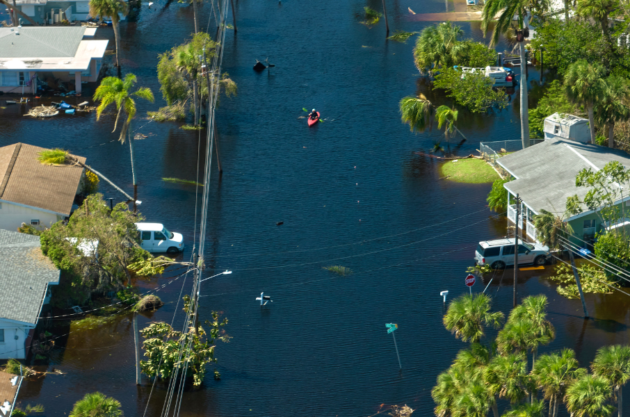 Surrounded by hurricane Ian rainfall flood waters homes in Florida residential area. Consequences of natural disaster